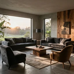 sunrise photo of a tastefully decorated living room with dark luxurious furnishings, and a mix of antique and modern furniture, and a mix of concrete and raw wood finishes