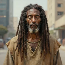 masterpiece painting of a portrait of a long dreadlocks hair egyptian old man, White blind eyes wearing worn out brown clothes in a modern city, featured in artstation, concept art by Greg Rutkowski, WLOP, Dan Mumford, Christophe Vacher
