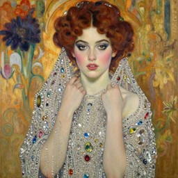 a realistic oil painting of a beautiful young woman resembling winnie harlow, draped in crystals, by mucha, by bouguereau, intricate, colorful
