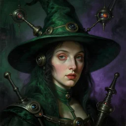 a baroque neoclassicist close - up portrait of a retrofuturistic witch surrounded by dark lovecraftian technology. head, face and shoulders, deep green and purple foggy background. renaissance portrait painting. highly detailed science fiction painting by norman rockwell, frank frazetta, and syd mead. rich colors, high contrast, gloomy atmosphere, dark background. trending on artstation.