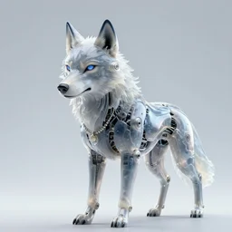 portrait of cybernetic wolf, machine, translucent liquid, cyberpunk, robot, mechanical parts, jewelry, editorial photography, neons, blade runner, futuristic style, realistic bokeh and depth of field, award winning, establishing shot
