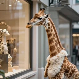 foreground, giraffe girl. she has a very long neck and is fluffy. wool. beautiful attire. she looks in the windows. on the 3 rd floor. hyper - realistic photo. fantasy