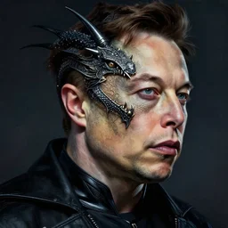 elon musk is two face, harvey dent from batman, one face side has dragonskin fantasy sharp focus intricate elegant digital painting