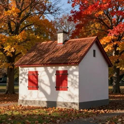 small cottage with red shutters, photography, dreamy, fall