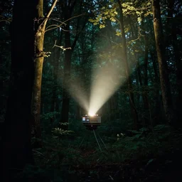 teleportation machine in a dark forest, light shining from the machine and illuminating the trees by farel dalrymple