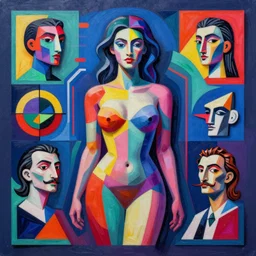 A surreal neon painting of a woman’s body 3d kandinsky made of cubism futuristic picasso sculptures in 3 point perspective by Joan miro and Vladimir kush and dali and kandinsky, 3d, realistic shading, complimentary colors, vivid neon colors, aesthetically pleasing composition, masterpiece, 4k, 8k, ultra realistic, super realistic,