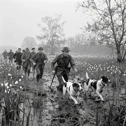 movie still by tarkovsky of a crowd of hunters and dogs running in a swamp with muguets in may, cinestill 8 0 0 t 3 5 mm b & w, heavy grain, high quality, muddy, very foggy