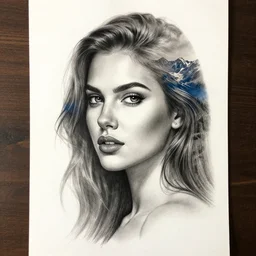 realistic tattoo sketch of a beautiful woman face double exposure with a mountain scenery