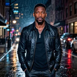 night flash portrait photography of idris elba on a rainy night on the lower east side by annie leibovitz, shutter speed 2 seconds, raining!!!, colorful!!, nighttime!!,