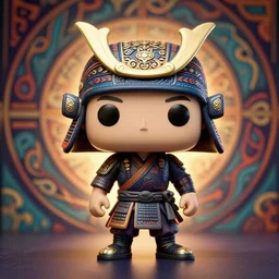 a funko pop delicate sculpture of an ornate detailed ronin in front of an intricate background by aj fosik, micro detail, backlit lighting, octane renderer, colourful, physically based rendering, tribal art, trending on cgsociety