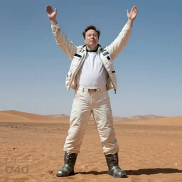 Happy Elon Musk on Mars, photo, centered, full body, grand gesture, 2040