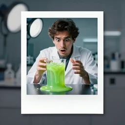 A scared man analyzing a glass filled with green boiling slime in a laboratory, studio light, polaroide photo