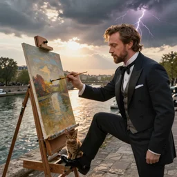 mcgregor is dressed as a gentleman at early 2 0 th century paris. he is watching an easel. that easel has a canvas on it. ewan mcgregor has a brush on his hand. he is painting a painting. there is a small brown cat with yellow eyes on ewan mcgregors feet. on background has river seine, morning sun, dark clouds, lightning, by frank miller