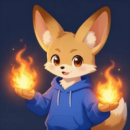 furaffinity furry art of an anthro fennec character holding fireballs and wearing a blue sweatshirt, digital painting, detailed, cute, big intelligent eyes