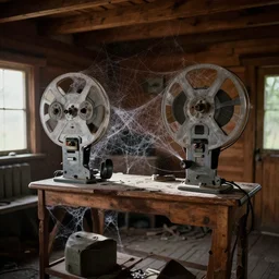 a film production still, 2 8 mm, wide shot of a cabin interior, wooden furniture, cobwebs, spiderwebs, dynamic volumetric lighting, abandoned, depth of field, cinematic