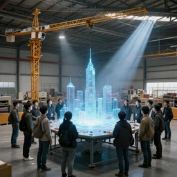 crane shot of large group people in open warehouse, looking at hologram of futuristic city on a table, cinematic still, godrays, golden hour, natural sunlight, 4 k, clear details, tabletop model buildings, tabletop model, ethereal hologram center, crane shot, crane shot, gathering