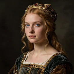 portrait of young woman in medieval dress and medieval headdress, blue eyes and blond hair, style by the piero della francesca