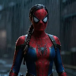 cinematic of lara croft as spiderman with thorn mask, dramatic rain, 8 k, moody lighting