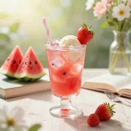 watermelon cold drink, ice cream, strawberry embellishment, books and flowers, trending on studio ghibli, dreamy, soft, global illumination, radiant light, intricate environment, luminescence, highly detailed, 8 k