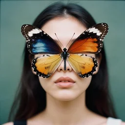 head and shoulder 8 5 mm portrait analog photography of a woman with big oversized butterflies over her face by mark owen. long hair. vogue. closed eyes. kodak portra. depth of field. detailed. hq. realistic. muted colors. mamiya 7 ii, f / 1. 2, symmetrical balance, in - frame