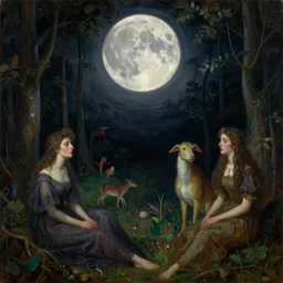 dramatic lighting surreal symbolist oil painting titled'mama here comes midnight with the dead moon in its jaws ', magical realism symbolist, wooded landscape with hybrid animal figures, painted by arnold bocklin and odilon redon and max ernst, shocking detail trending on artstation 8 k
