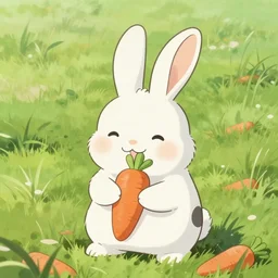 beautiful painting from the anime film, floppy eared bunny in a grassy field eating carrots, white with black spots, happy, trending on artstation