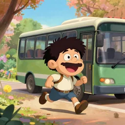 a wholesome cottagecore illustration of a happy cartoon Bob Ross who is late for the bus and running after it, studio Ghibli, Pixar and Disney animation, sharp, Rendered in Redshift and Unreal Engine 5 by Greg Rutkowski, Bloom, dramatic lighting