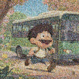 a wholesome cottagecore illustration of a happy cartoon Bob Ross who is late for the bus and running after it, studio Ghibli, Pixar and Disney animation, sharp, Rendered in Redshift and Unreal Engine 5 by Greg Rutkowski, Bloom, dramatic lighting