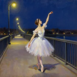 a hiper intricate oilpainting of a beautiful ballerina walking at midnight by the light of the street lights on the lonely bridge extremely detailed, sharp focus, wide view, smooth, digital illustration, colorfull, by william turner art, by edmund dulac