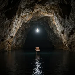 a huge cave, black cave lake black water, chair stool armchair under a lightbulb, surreal, highly detailed, artstation, smooth, sharp focus, by greg rutkowski, 8 k
