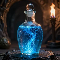 spirit potion containing swirling glowing blue liquid, veins, ancient beautiful intricate glass bottle, found in a dark dungeon, lit by torchlight, fantasy, octane render, 8k