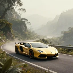 a retrowave aesthetic style artwork of a futuristic lamborghini driving on a mountain road, divine, hazy, volumetric lighting, lush flora, empty, spacetime bending, very detailed, serene, gold accents, washed out colors, beautiful artwork, master level composition, raytracing