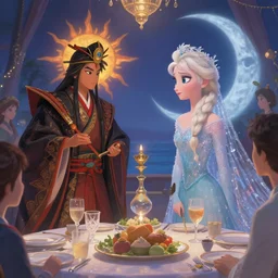 a cinematic portrait of wedding photograph jpeg close up moment of a divine a japan sun god and moon goddess lovers magician at a wedding banquet. portraiture. digital painting. artstation. concept art. wedding photo. digital painting. frozen ii art masterpiece by art by krenz cushart