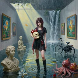 painting of an emo girl in a flooded art gallery, holding a skull, pomegranates, octopus, long black boots, flooded, stone sculptures, art on the walls, tropical fish, zen, shaft on sunlight, rain, waterfall, black swans, bicycle, berries, surrealist, by magritte and monet