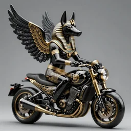 fine art statue of black egyptian god anubis on a surrealist motorbike, ebony art deco, carved black marble, inlaid with ebony and gold accents, ebony rococo, wings black lace wear, sculpted by spider zero, zaha hadid, trending on artstation, beautifully lit, hyper detailed, intricate, elite, ornate, elegant, photorealistic, octane render, micro details, 3 d sculpture, structure, ray trace