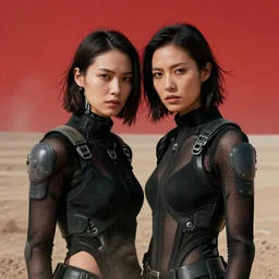 cinestill 5 0 d photographic portrait of two loving female androids wearing rugged black mesh techwear on a desolate plain with a red sky, cutout waist, extreme closeup, modern cyberpunk, dust storm, 8 k, hd, high resolution, 3 5 mm, f / 3 2, ultra realistic faces, ex machina, blade runner