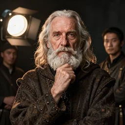 thinker pose, artgerm and j. dickenson, greg rutkowski, studio lighting bright ambient lighting key light, victo ngai, medieval alchemist in the dark. close up, portrait of an old, photorealistic portrait by michael komarck, fantasy, detailed