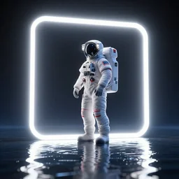 a render of an astronaut looking at the sky through a glowing hollow square. there is shiny water reflecting everything from below. 8 k, unreal engine, blender, by caleb worcester