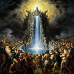 alvah angelrune water portal to hell located in heaven, crowd of people, rule of thirds, 4 k, dark bright effect, highly detailed painting by gaston bussiere, craig mullins, j. c. leyendecker, michelangelo