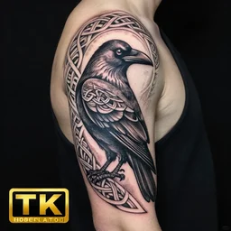 photograph of a sleeve tattoo, black ink, intricate celtic pattern in the shape of a raven, highly - detailed, beautiful, award winning, 8 k