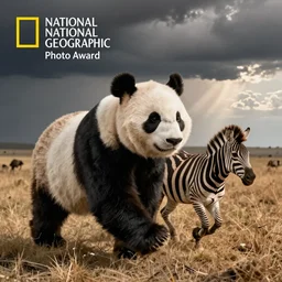 realistic wild animal having a head of giant panda and a body of zebra, running in savannah, national geographic photo award