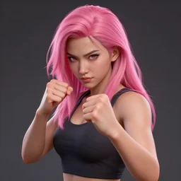 a woman with pink hair, fists up and ready to fight, trending on artstation, hyper detailed