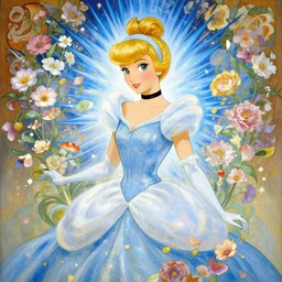 portrait of cinderella, flowers, blue spike aura in motion, floating pieces, painted art by tsuyoshi nagano, greg rutkowski, artgerm, alphonse mucha, spike painting