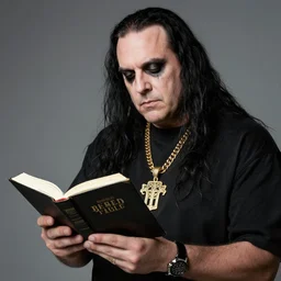 Portrait Photograph of a religious Juggalo reading the Bible