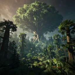 intergalactic forest on a planet with a big tree in the background by thomas kinkaid, no man's sky screenshot