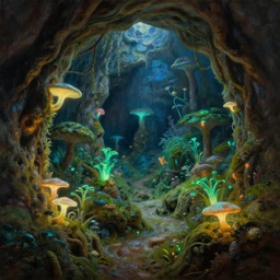 cavernous underground topiary garden illuminated by phosphorescent fungi, masterful fantasy oil painting with dramatic light, extreme detail