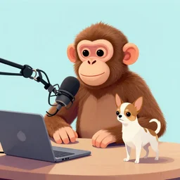 A monkey recording a podcast with a chihuahua dog , Greg rutkowski, Trending artstation, cinematográfica, digital Art