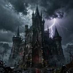 a photorealistic hyperrealistic render of a scary gothic castle, heavy rain, thunderstorm, by greg rutkowski, wlop, artgerm, dramatic moody nigh lighting, long shadows, volumetric, cinematic atmosphere, octane render, artstation, 8 k