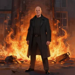 an artstation trending painting of a bald english man standing in front of a building on fire