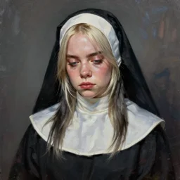 Billie Eilish as a sad nun, painted by Ross Tran, detailed brushstrokes